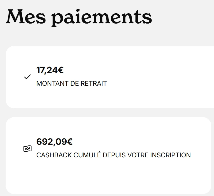 Mon espace iGraal, page Mes paiements : 692,09 € de cashback cumulé depuis mon inscription, et 17,24 € disponibles au retrait